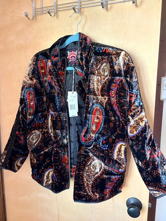 Johnny Was Black Velvet Paisley Bomber Jacket with Red & Blue Accents - Picture 1 of 6